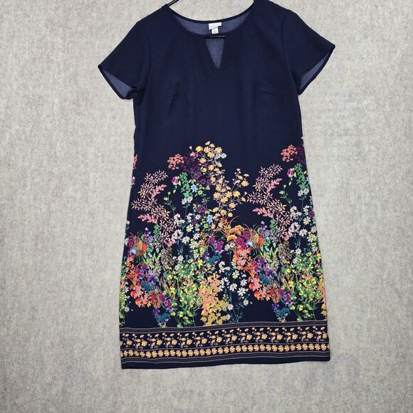 Dresses & Skirts - Womens Floral Knee-Length Shift Dress Navy Blue With Short Sleeves & Keyhole Nec